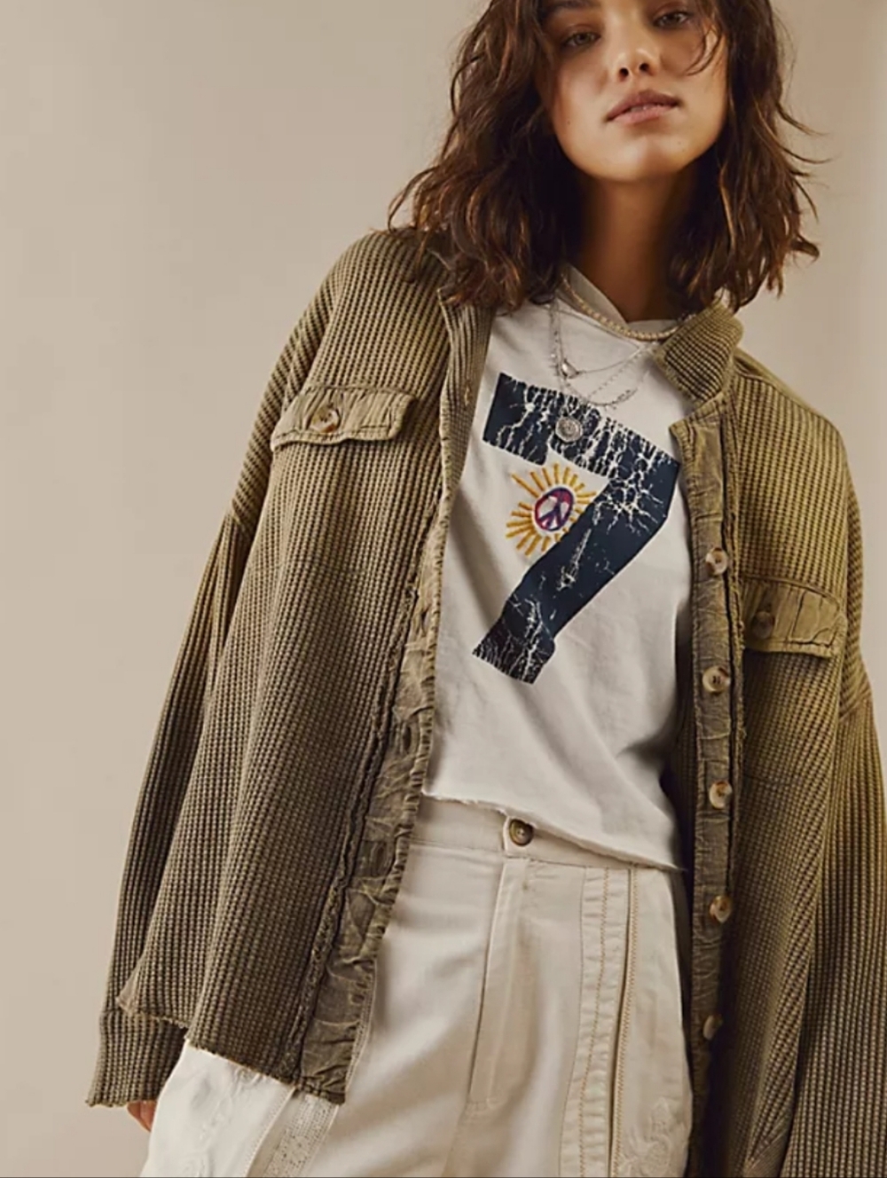 Free People One Scout Dip Dye Jacket Oversized Waffle Knit Cotton Olive Size L